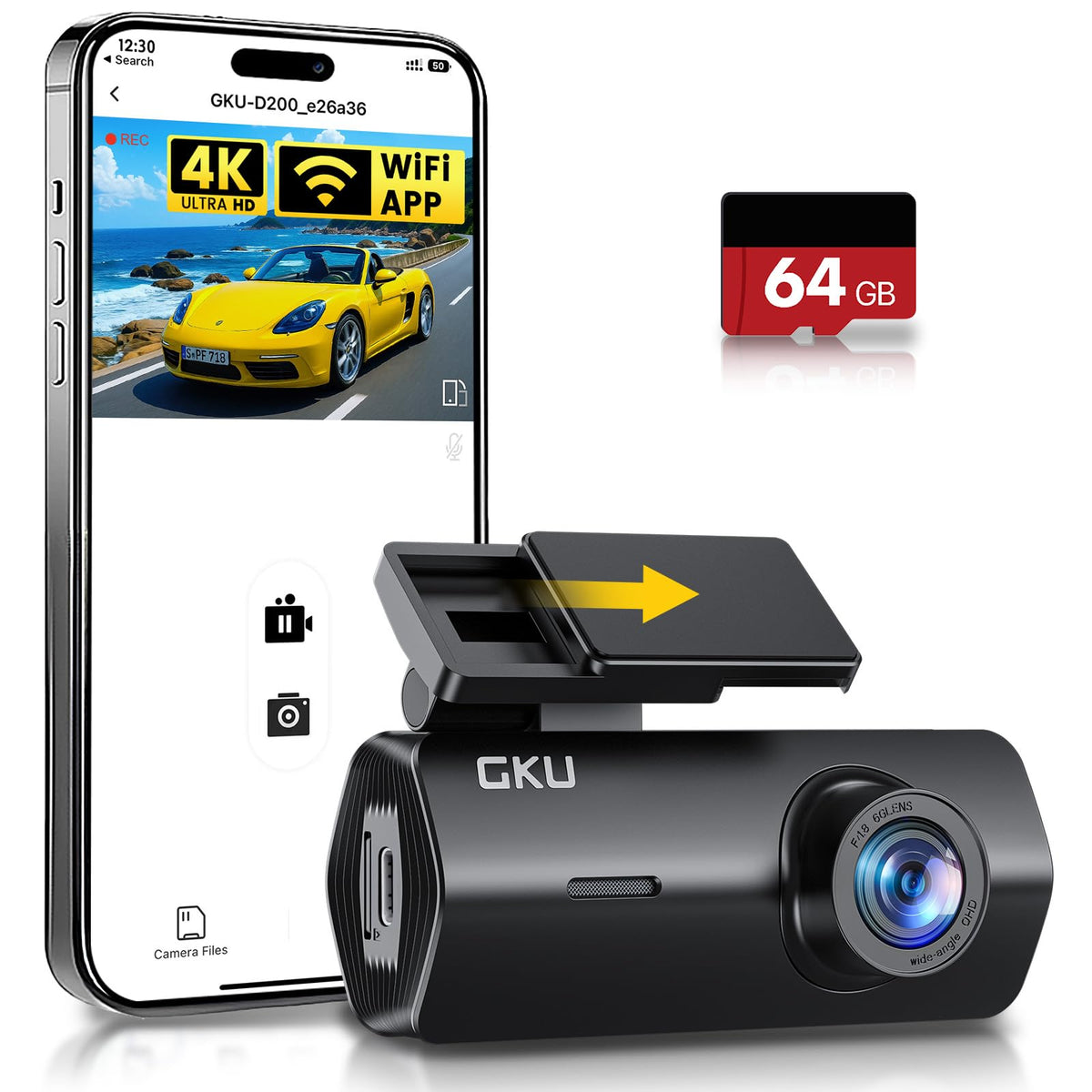 GKU dash cam front packaging showing included 64GB card benefit