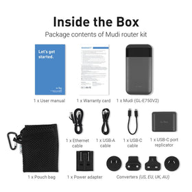 GL.iNet GL-E750V2 Mudi box contents including charger and adapters.