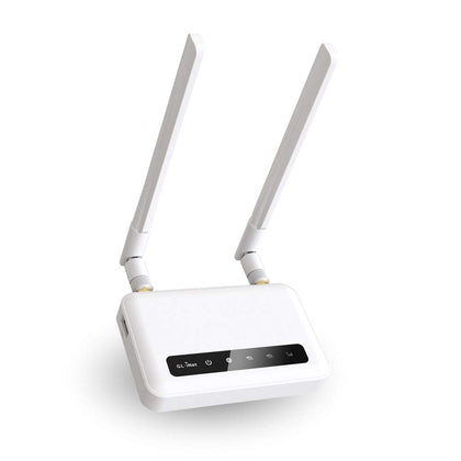 GL.iNet GL-X750V2 front view showing LEDs and ports, benefits reliable connectivity