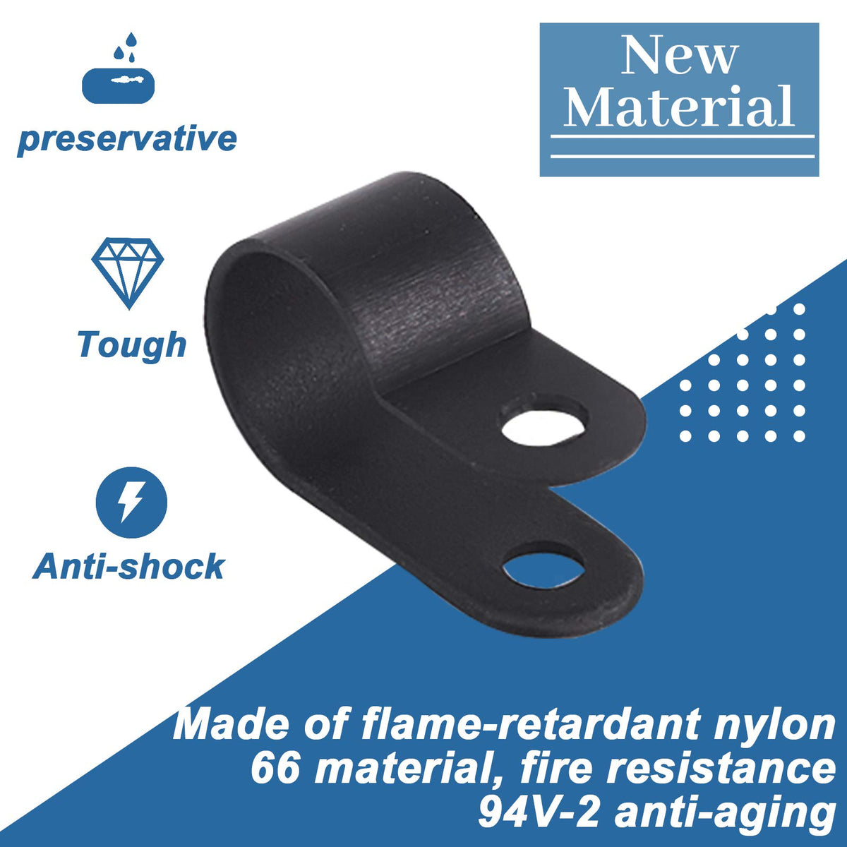 Glarks nylon clip close-up emphasizes burr-free, flexible mounting for various wires.