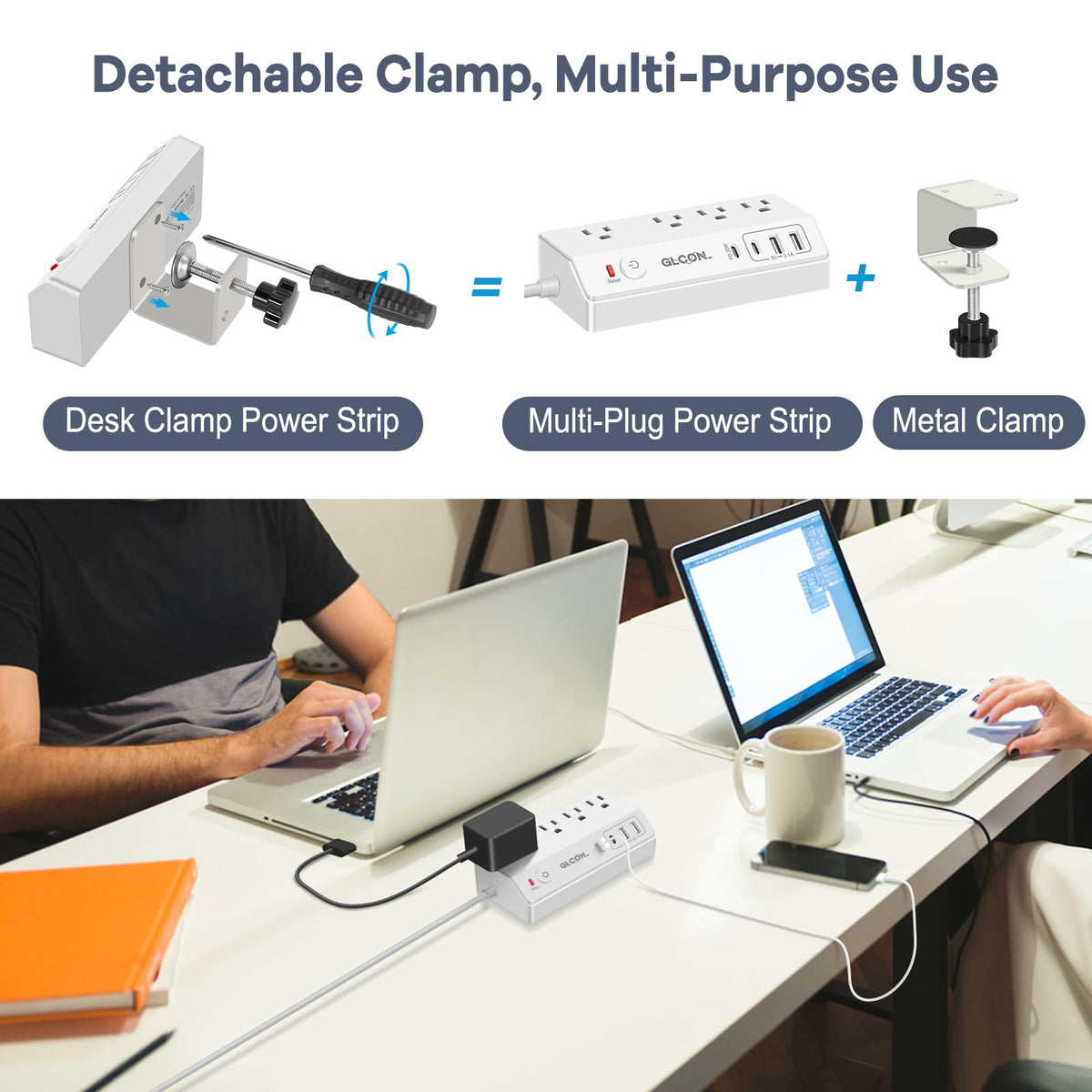 GLCON long 10ft cord stretched to wall outlet enabling flexible placement across a room