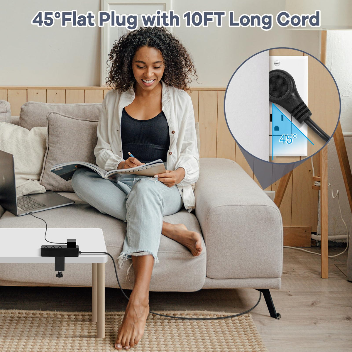 GLCON on bedroom desk with devices showing tidy cable management and comfort
