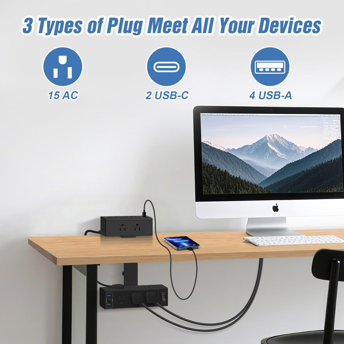 GLCON closeup of USB‑C, USB‑A and AC outlets providing fast flexible charging