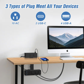 GLCON closeup of USB‑C, USB‑A and AC outlets providing fast flexible charging