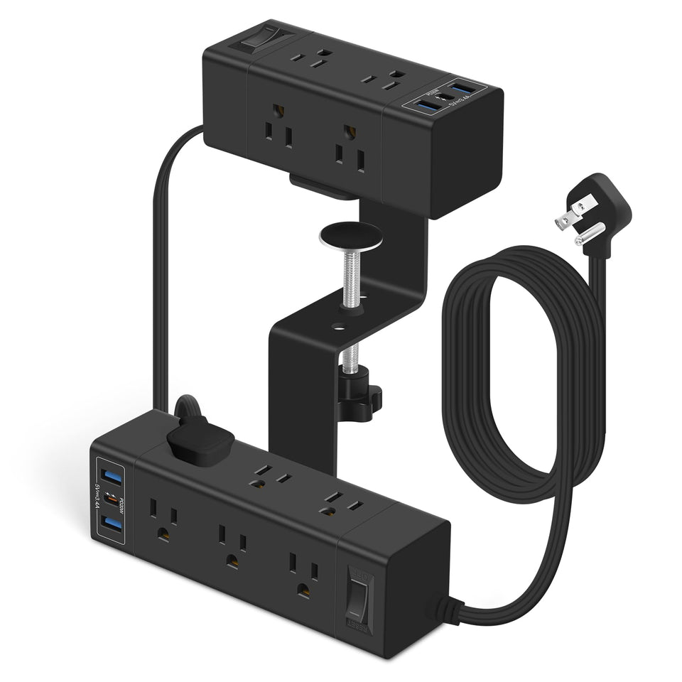 GLCON front view clamped on desk showing tidy power access and organized workspace