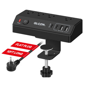 GLCON front view clamped on edge showing outlets and USB ports for easy access
