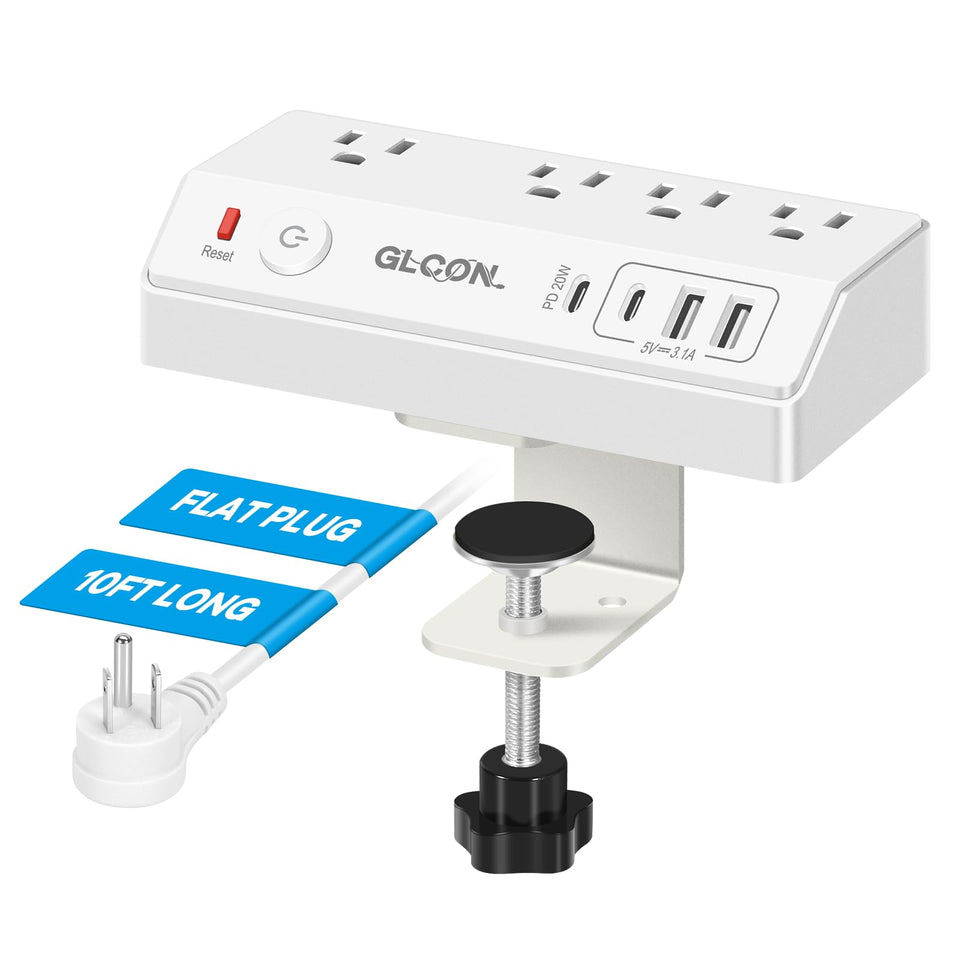 GLCON front view clamped to desk showing all outlets and USB ports for neat charging