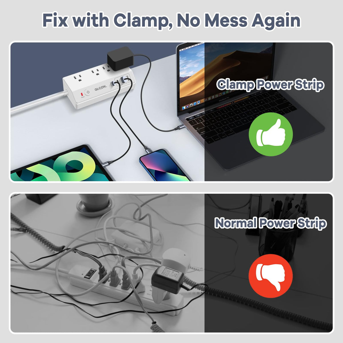 GLCON plugged in with phone, tablet, and laptop charging to demonstrate multi‑device use