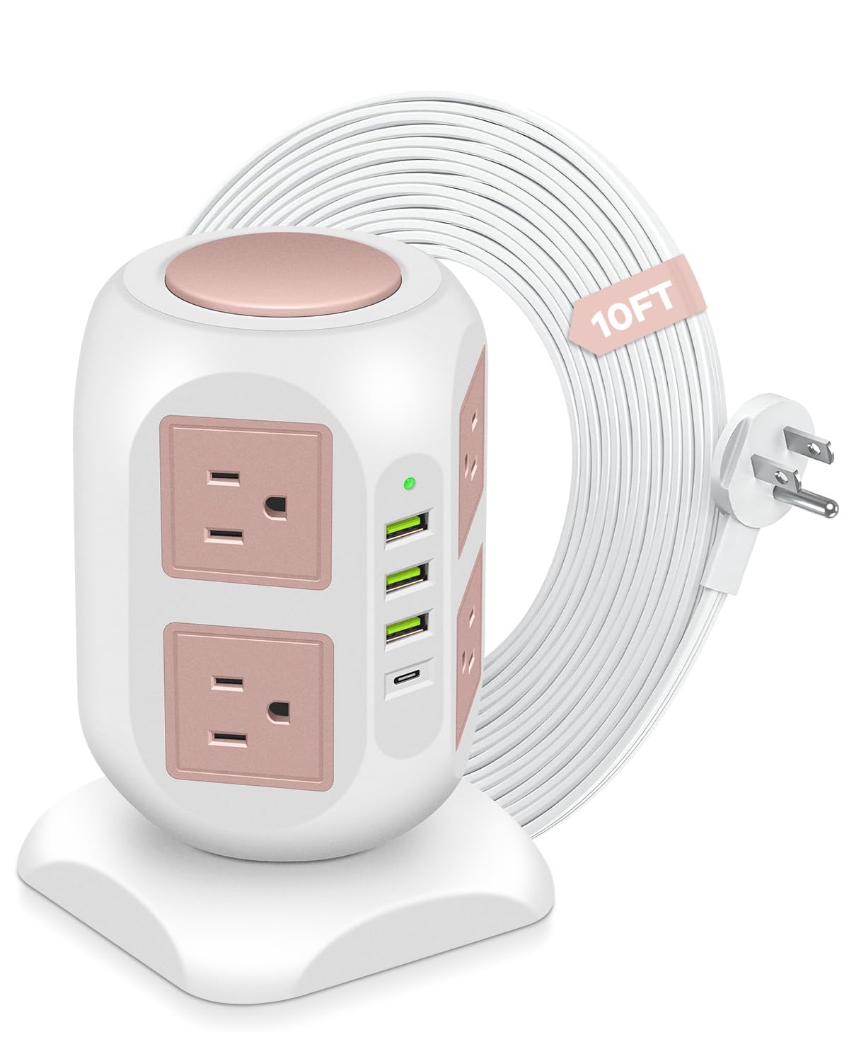 GLCON rose gold front view showing elegant tower and multiple outlets for organized charging