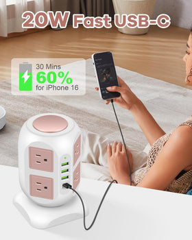 GLCON rose gold in use on a desk charging laptop, phone and lamp for tidy workspace