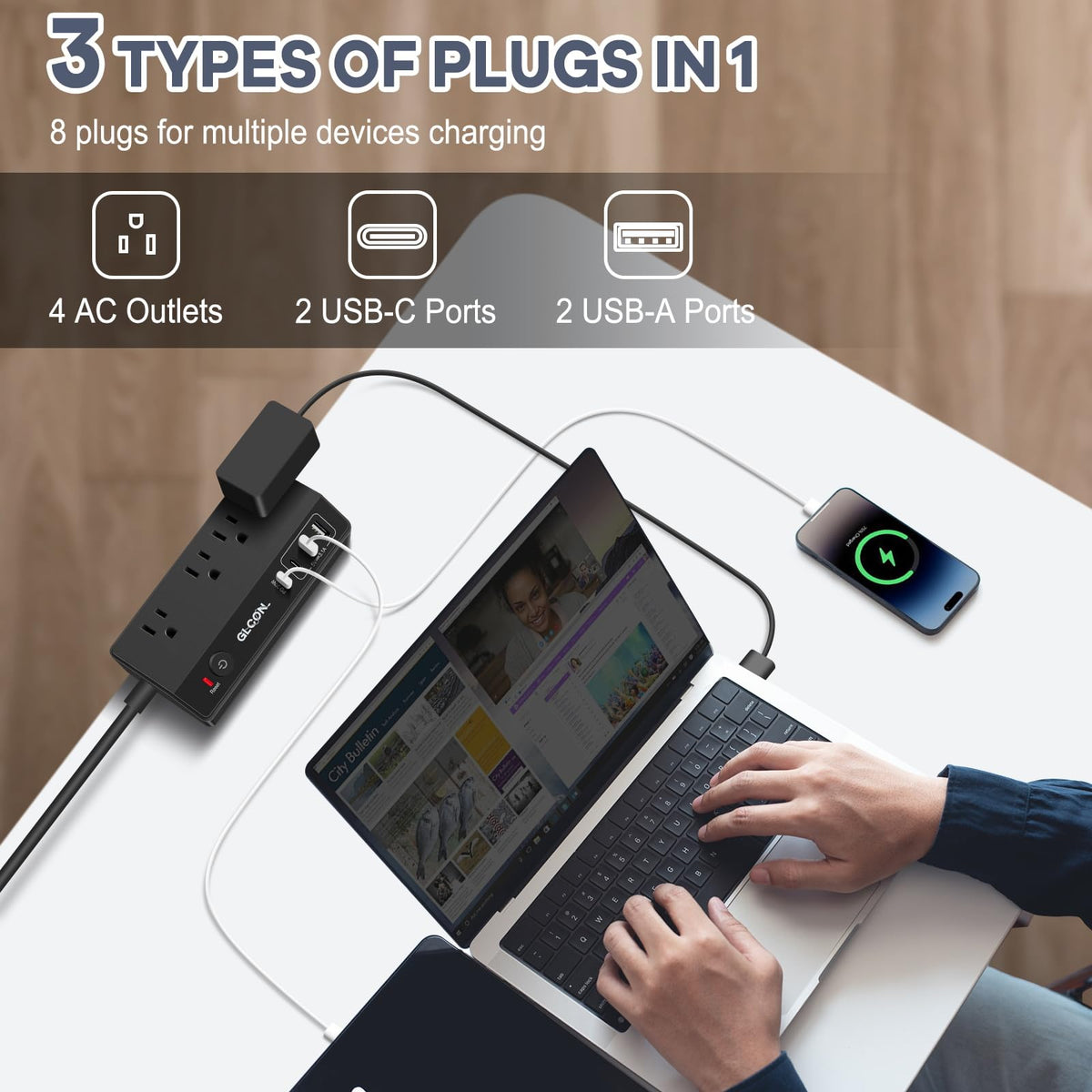 GLCON top view showing 4 AC outlets and 20W USB-C port for organized charging