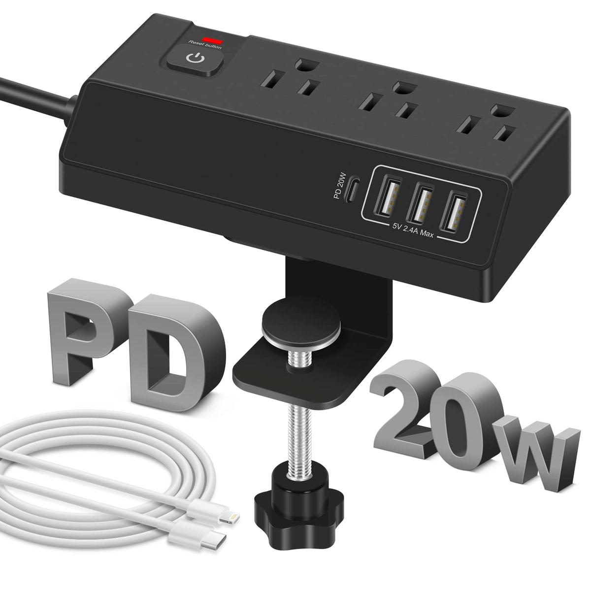 GLCONN desk clamp power strip with three outlets and four USB ports for tidy workspace charging.
