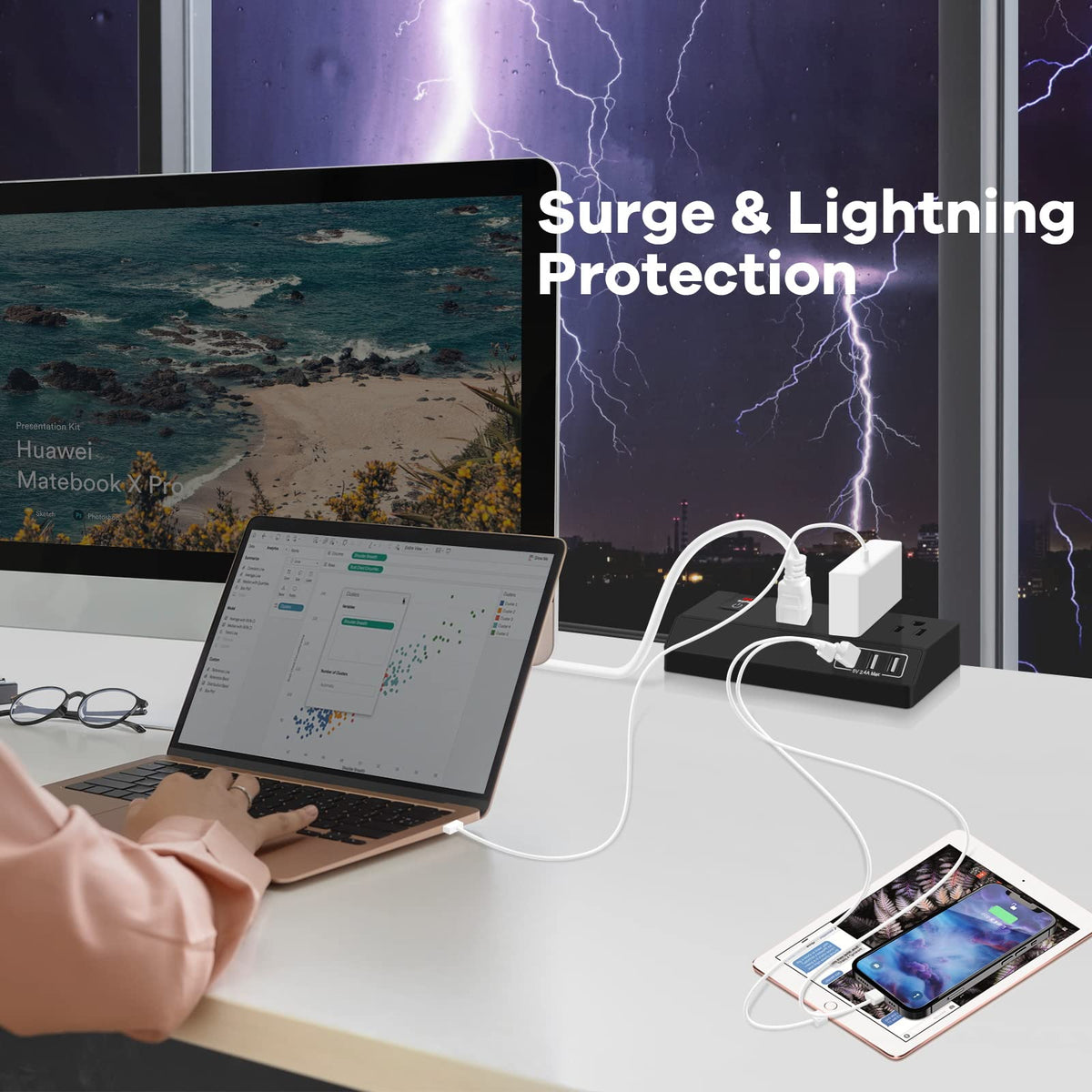 GLCONN edge-mount clamp secures the strip to the desk for stable, accessible power.