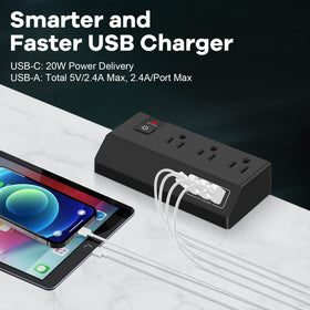 GLCONN three-outlet with USB ports supports multiple devices like monitors, keyboards, and phones.