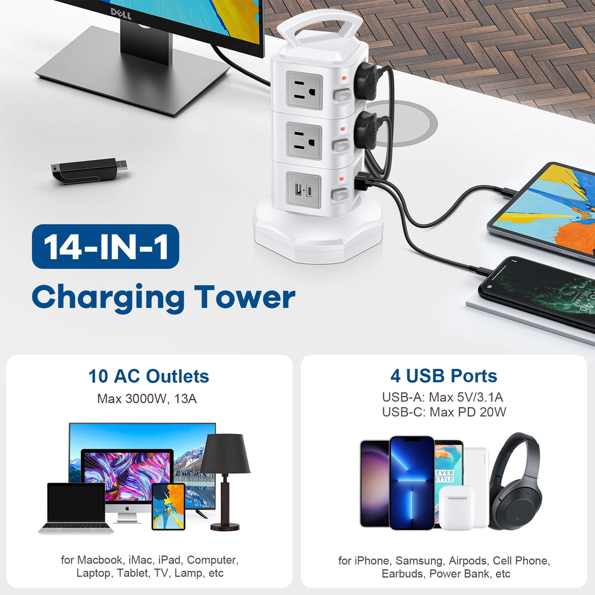 GLCONN retractable extension cord keeps desk tidy and cords organized