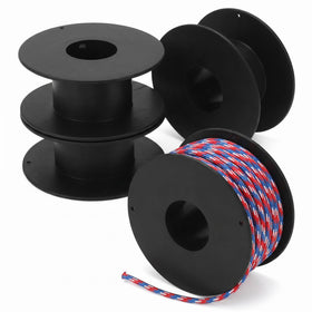 GLEAVI front view of four black plastic spools showing compact storage benefit