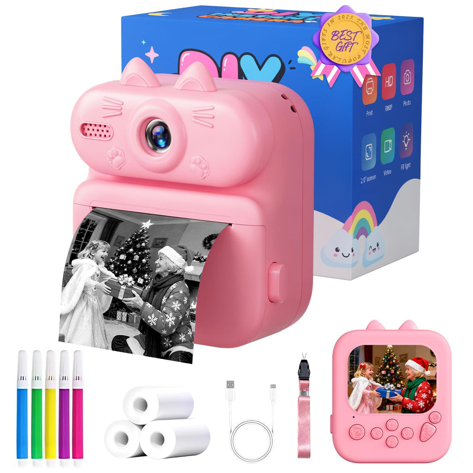 Gleeglee Kids Camera Instant Print in pink cat design prints photos instantly for kids