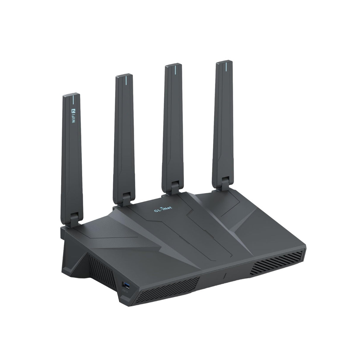 GL.iNet Flint 3e front view, compact design for desktop setup and quick access