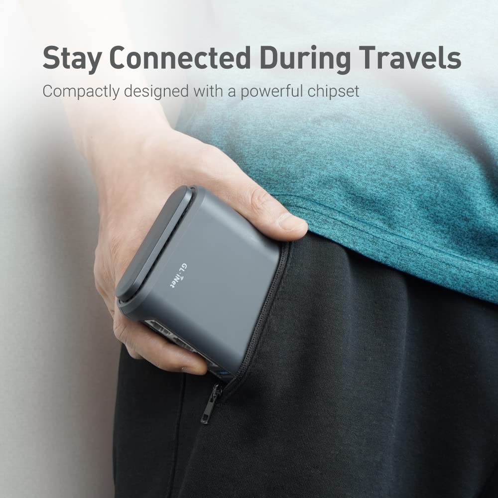 GL.iNet GL-A1300 in use during travel with public Wi‑Fi and VPN protection