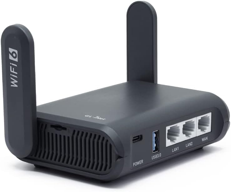 GL.iNet GL-AXT1800 Slate AX front view for portable Wi-Fi 6 power