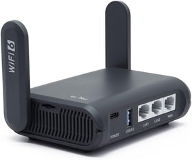 GL.iNet GL-AXT1800 Slate AX front view for portable Wi-Fi 6 power