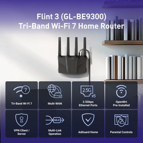 GL.iNet GL-BE9300 Flint 3 rear ports highlight 2.5G links for fiber connections