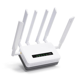 GL.iNet GL-XE3000 Puli AX 5G router on desk enabling remote work setups.