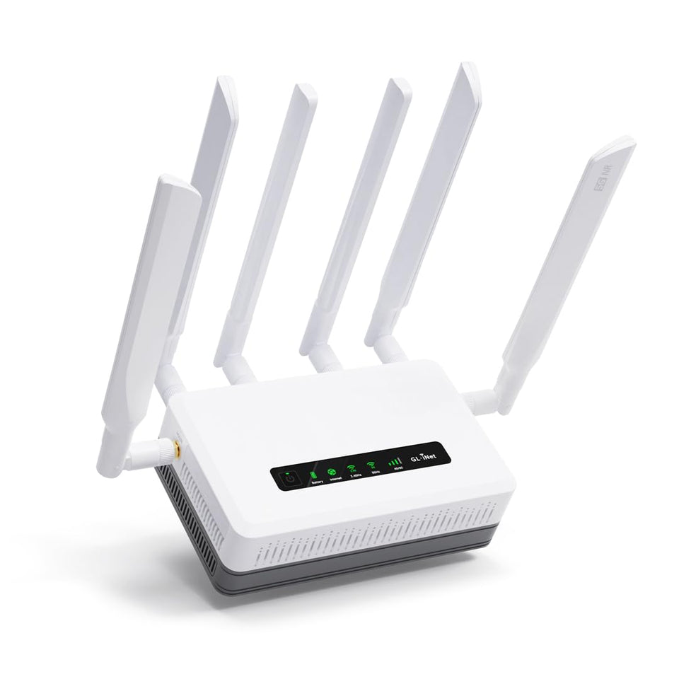 GL.iNet GL-XE3000 Puli AX 5G router on desk enabling remote work setups.