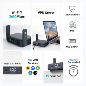 GL.iNet Slate 7 ports and 2.5G Ethernet for fast travel networking.