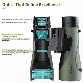 GLLYSION 12x50 binoculars close-up of BaK4 prisms for bright detail.