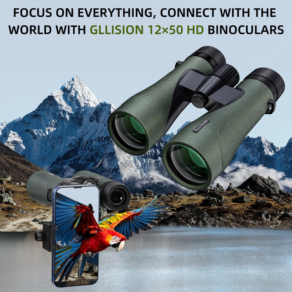 GLLYSION 12x50 binoculars with phone adapter connected for quick photos.