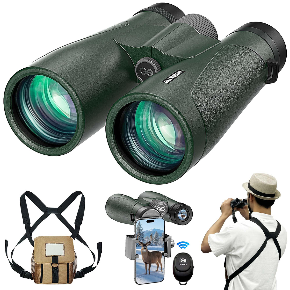 GLLYSION 15x54 binoculars with harness for comfortable extended viewing