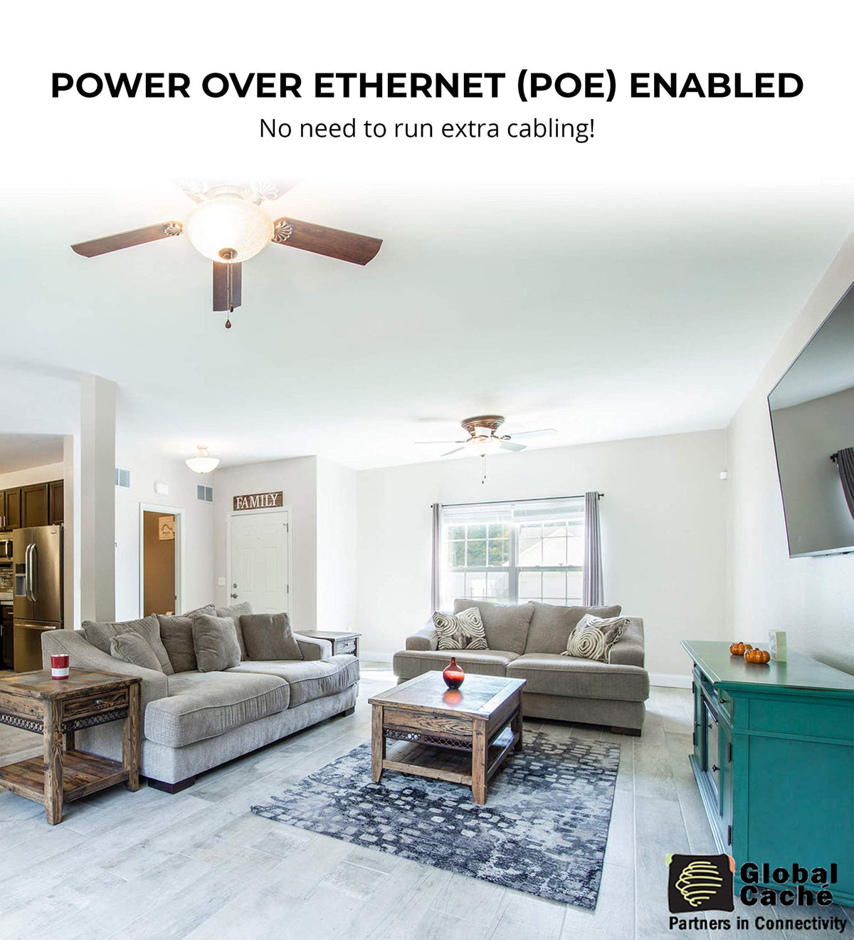 Global Caché IP2IR-P controlled from a smartphone app for IR control.