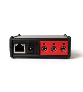 Global Caché IP2IR-P device with PoE powering network IR control for home theater.