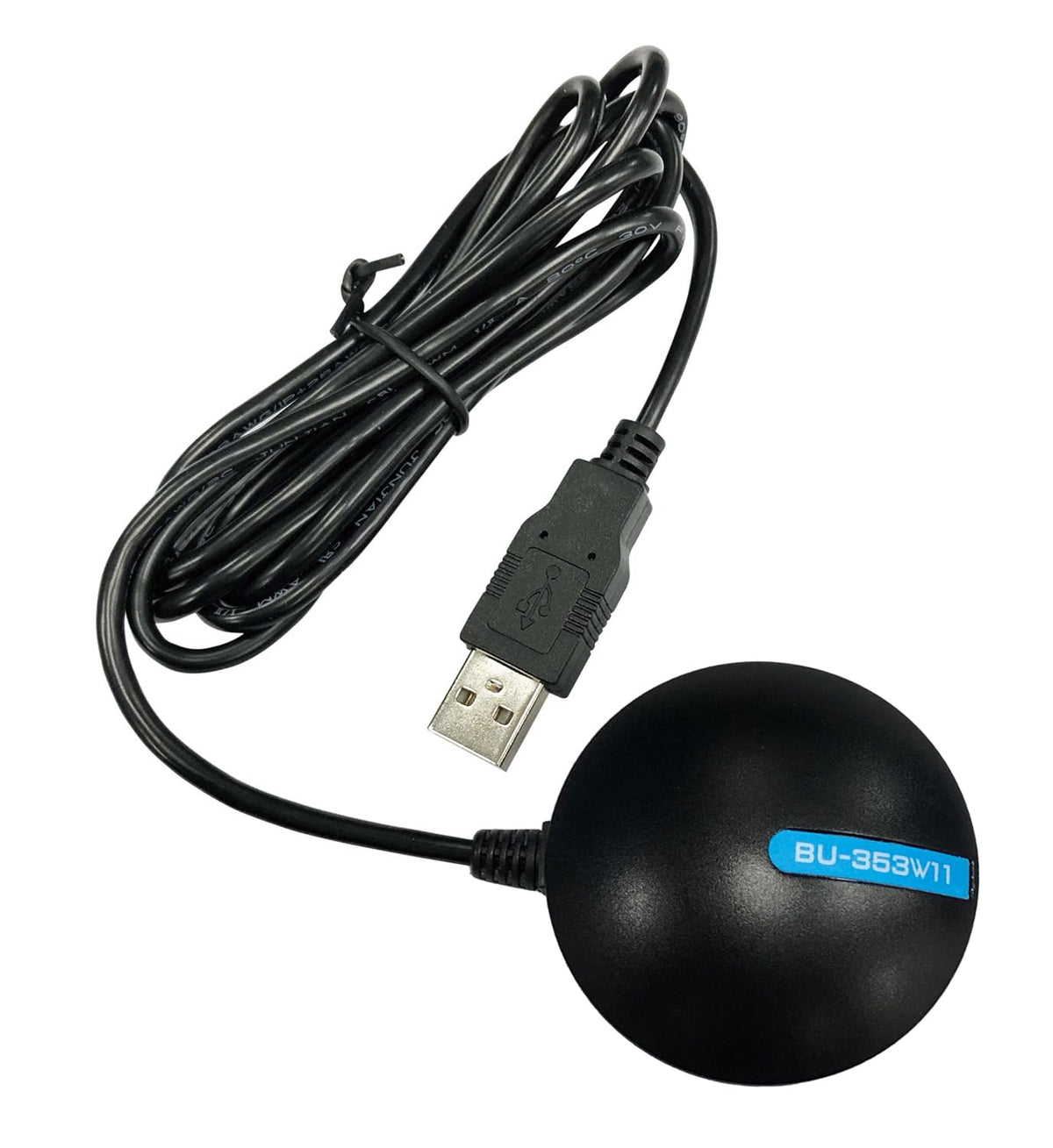 GlobalSat BU-353-W11 front view connected to USB showing compact reliable positioning