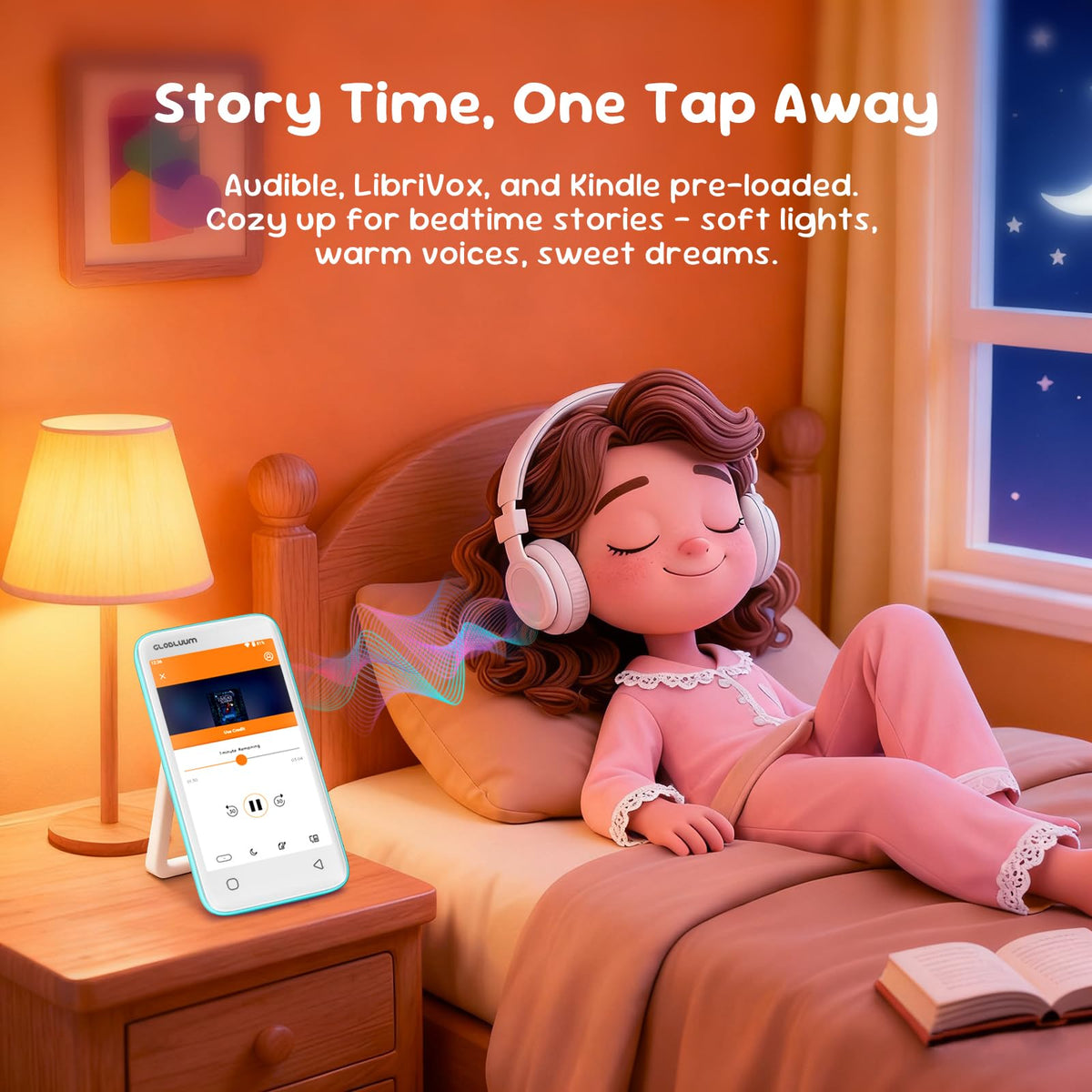 Globluum MP3 Player for Kids bedtime stories screen mint green, helps routine and calm.