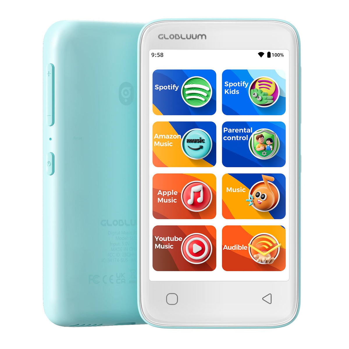 Globluum MP3 Player for Kids mint green front view, ideal for on-the-go listening.