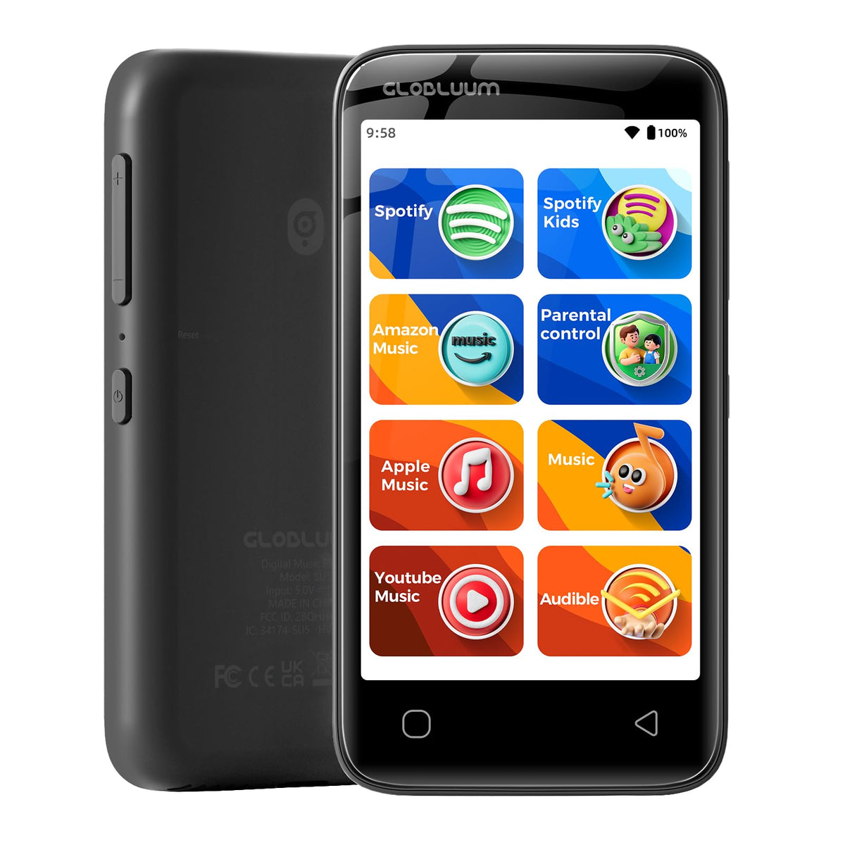 Globluum MP3 Player for Kids front view highlights durable glossy black finish for everyday adventures