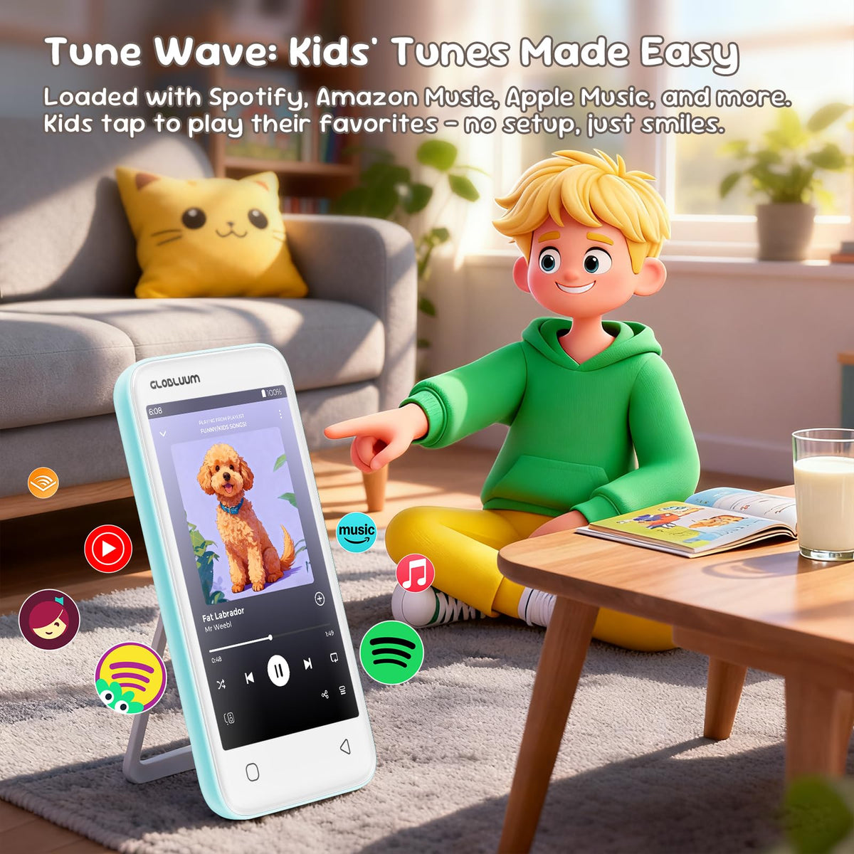 Globluum MP3 Player for Kids mint green handheld, easy grip for little hands.