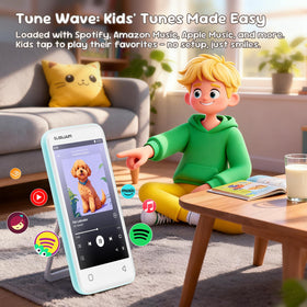 Globluum MP3 Player for Kids mint green handheld, easy grip for little hands.