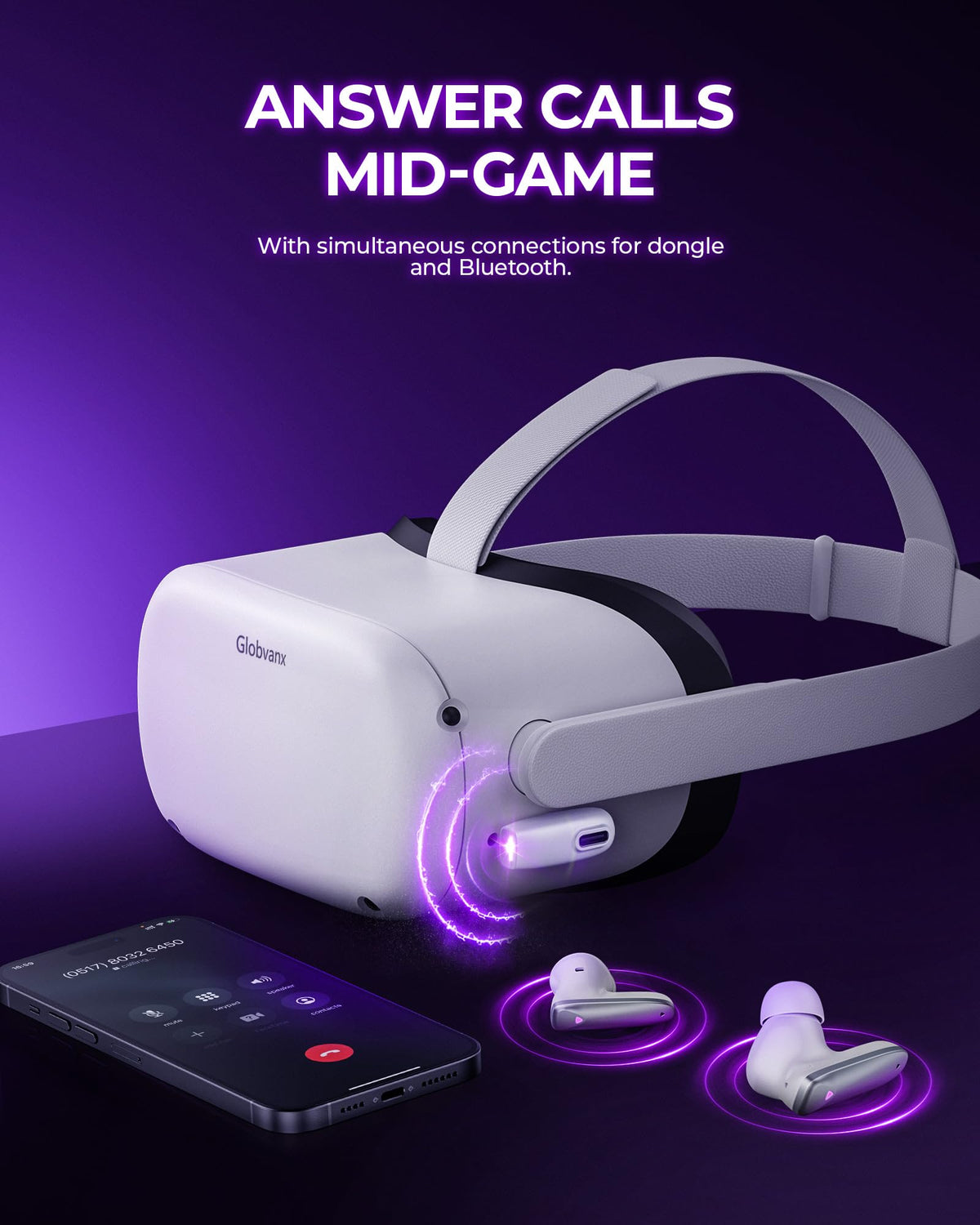 Globvanx V2 earbuds inside Meta Quest headset illustrating VR compatibility advantage