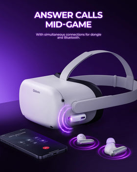 Globvanx V2 earbuds inside Meta Quest headset illustrating VR compatibility advantage