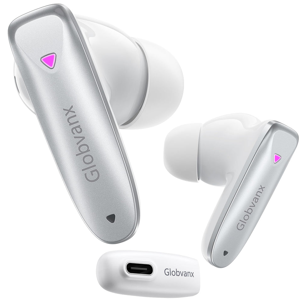 Globvanx V2 front view showing charging case and earbuds for quick access