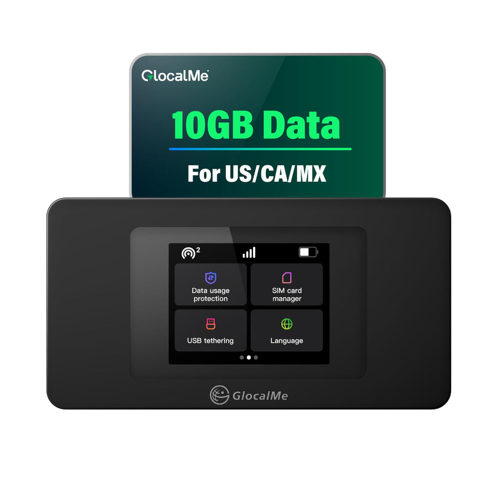 GlocalMe DuoTurbo front view showing a compact travel hotspot for connectivity