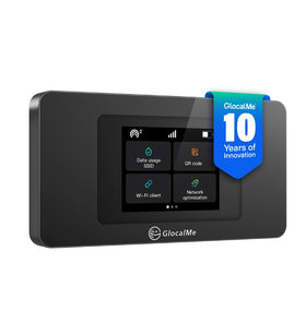 GlocalMe DuoTurbo hotspot front view with 2.4-inch touch screen.