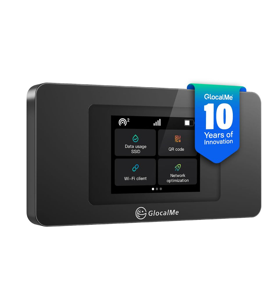GlocalMe DuoTurbo hotspot front view with 2.4-inch touch screen.