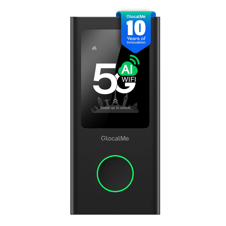 GlocalMe Numen Air 5G hotspot front view, compact travel companion delivering ultra-fast internet.