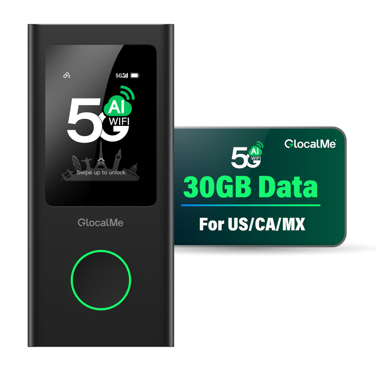 GlocalMe Numen Air 5G hotspot front view, compact travel companion for global connectivity.