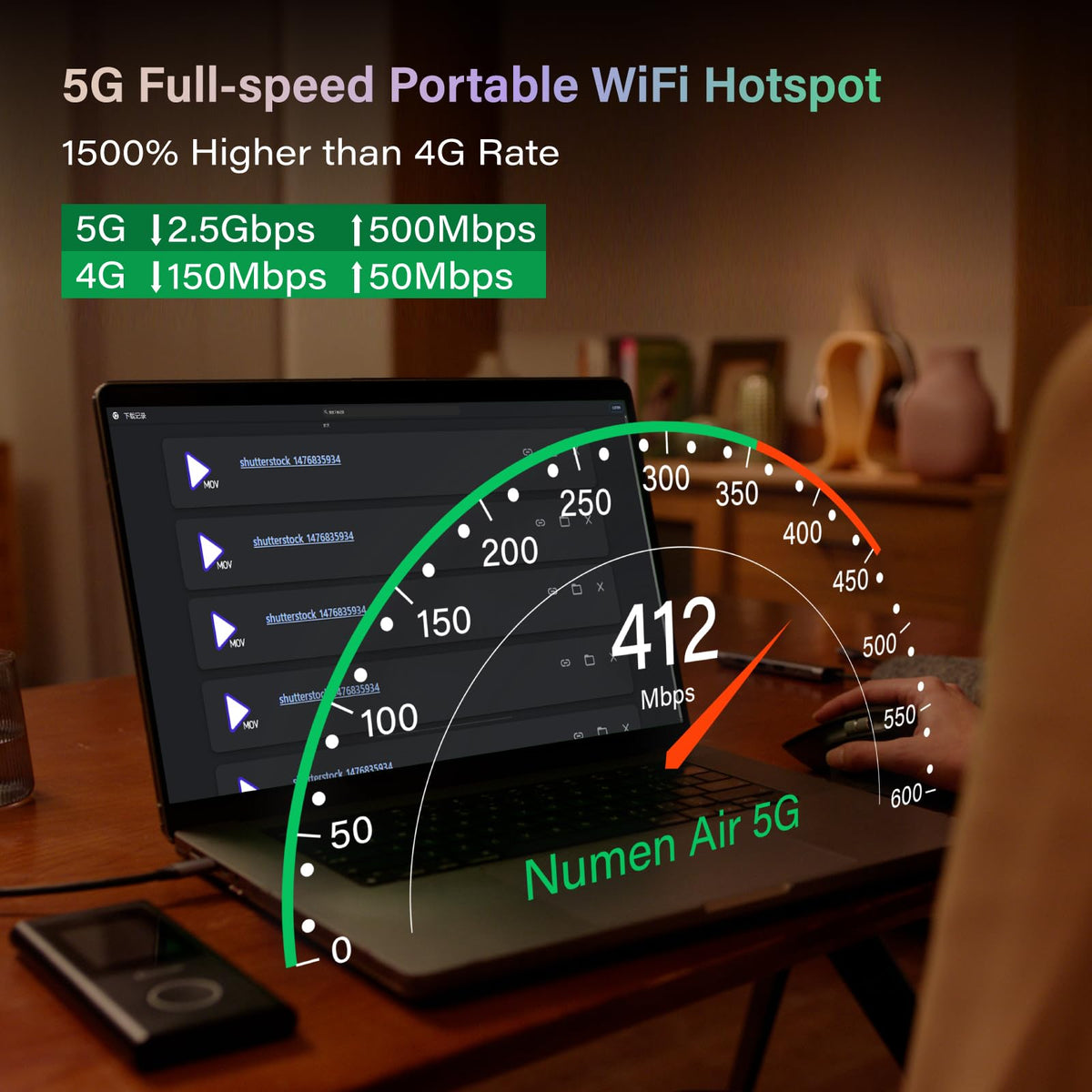 GlocalMe Numen Air 5G hotspot side view, pocket-sized roaming connectivity on the go.