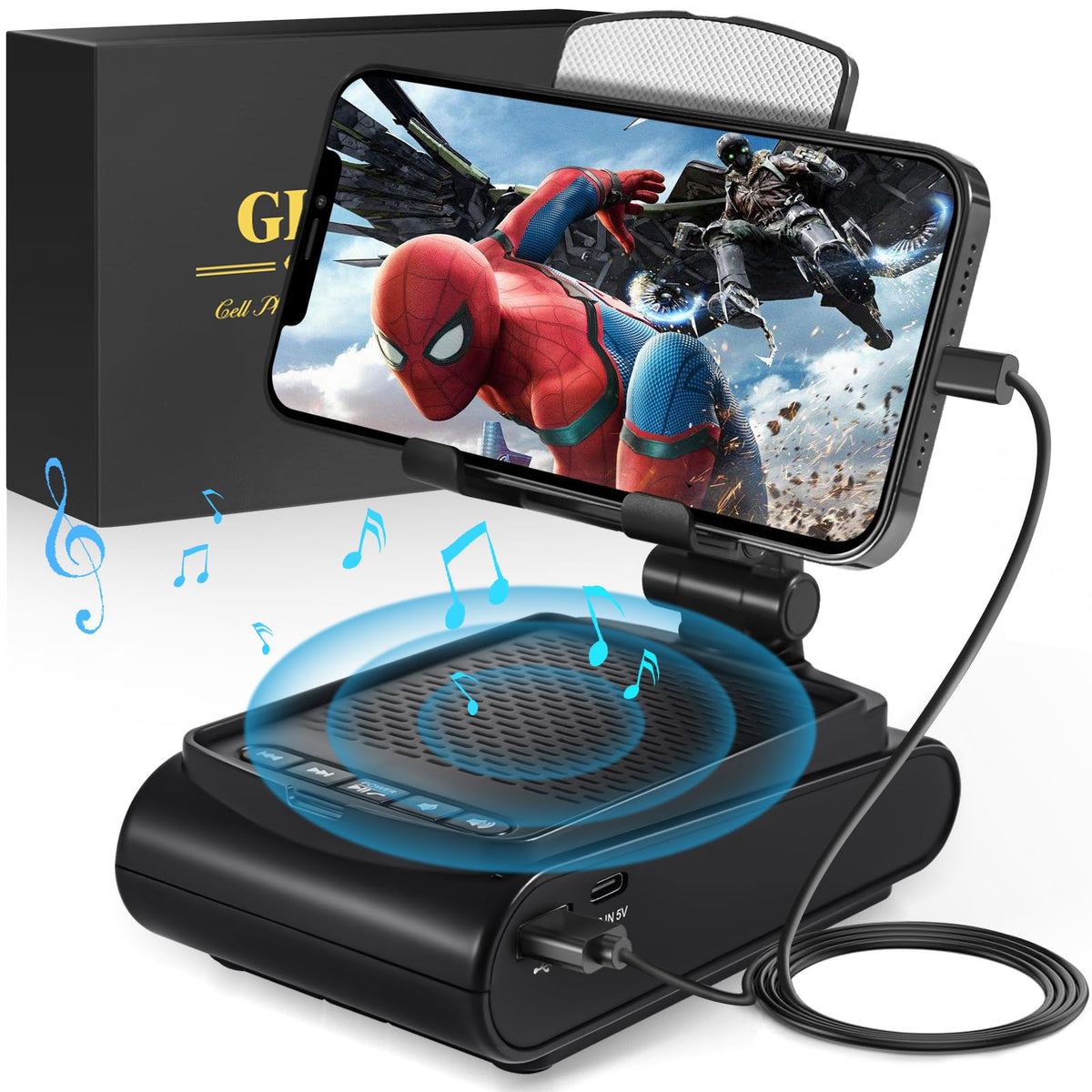 GLOPUS 3in1 Bluetooth speaker and phone stand front view for clear hands-free calls.